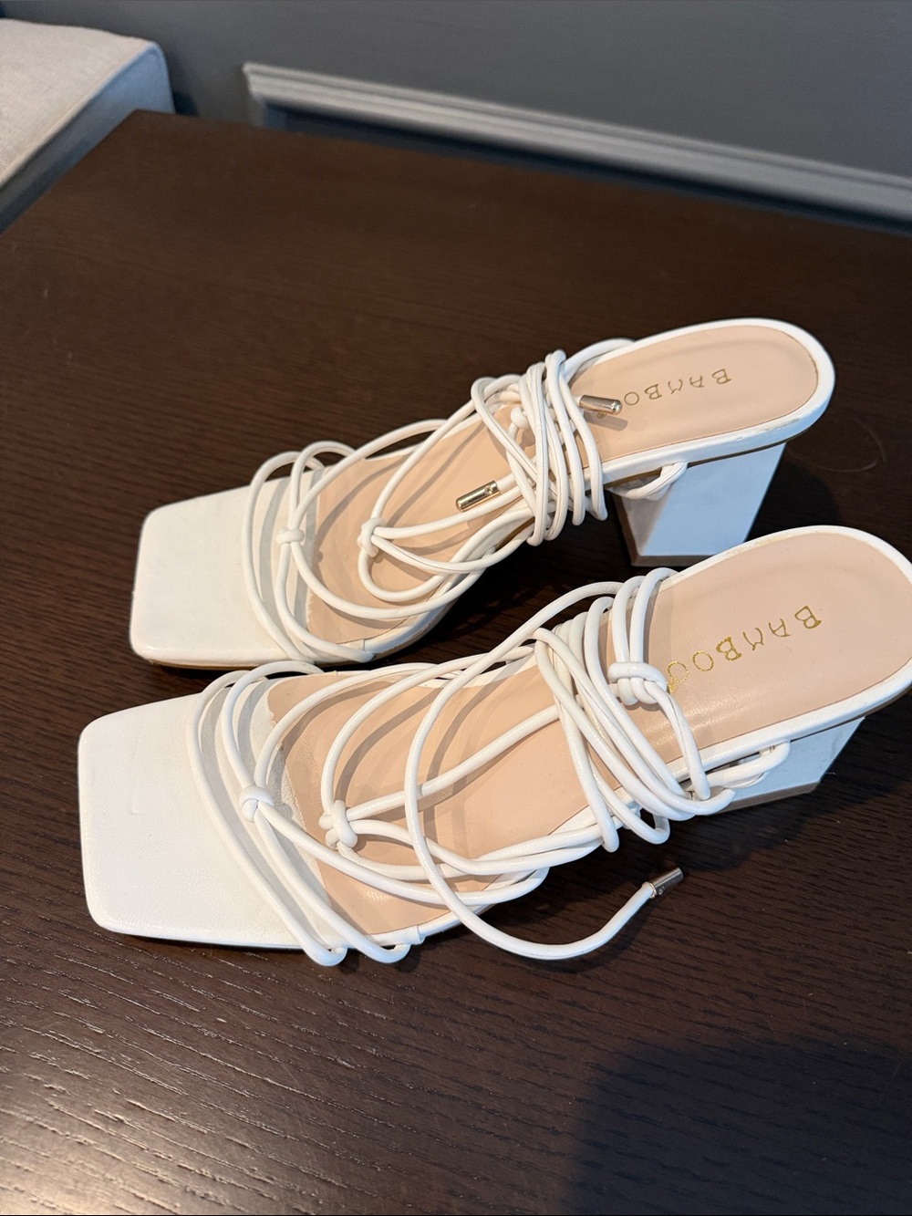 BAMBOO White Strappy Square-Toe Block Heel Sandals